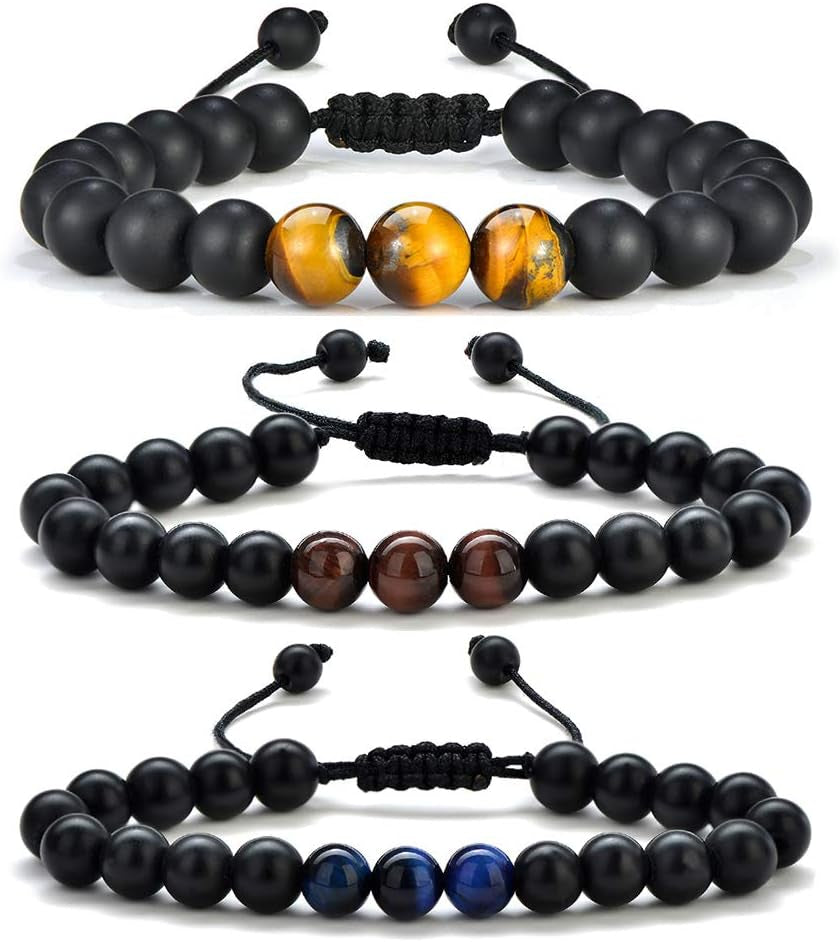 Natural Stone Bracelets for Men - 8Mm Tiger Eye | Matte Agate | Lava Rock Bracelets for Men Teen Boys Gifts Birthday Anniversary Christmas Gifts for Men Teens